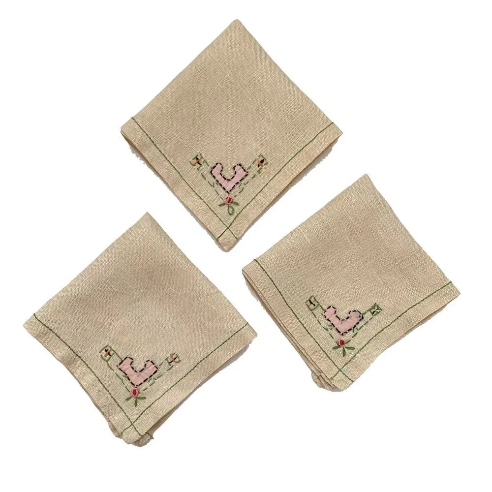 Vintage Country Embroidered Linen Napkins Lot 3 Luncheon Cocktail Cottage Core